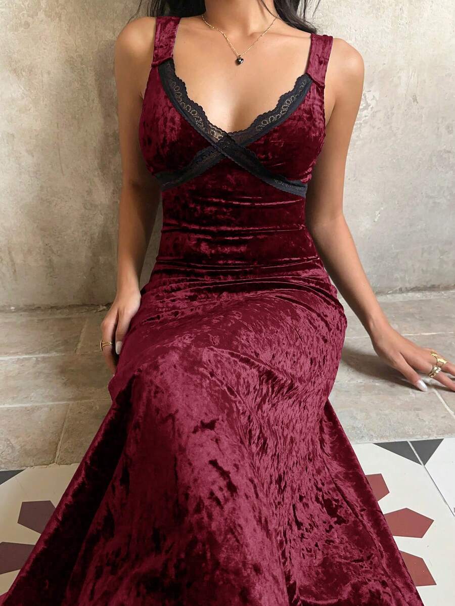 Sunnyshic Women's Long Velvet Dress, Black, Autumn, Deep V-Neck, Contrast Lace, Waist Cinched, Slim, Sexy, Elegant Party Dress